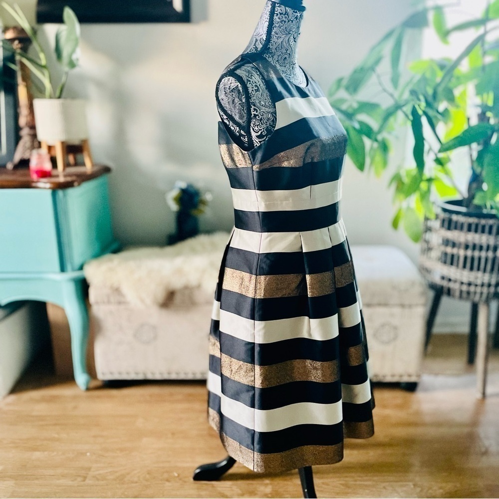 Saks Fifth Avenue Red Label Striped Metallic Pleated A-Line Cocktail Dress, 10 - Picture 7 of 11